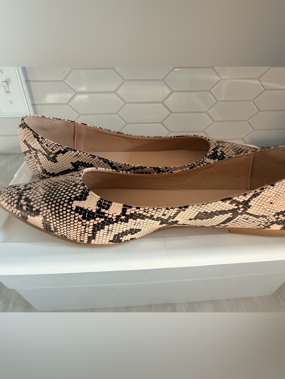 Snake-Print Pointed Toe Ballet Flats in Beige and Black